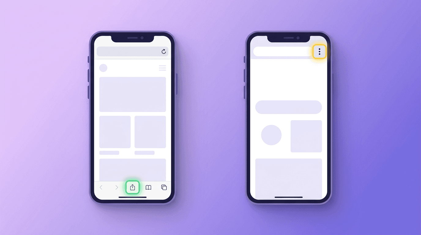 Illustration: two phones showing Safari share and Chrome menu for adding to home screen